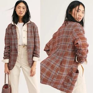 Free People Plaid Blazer in Red and Brown